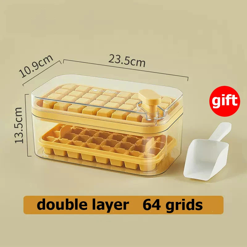 Ice Cube Tray with Storage Box - 64 Grids, 2 Layers, One-Button Press, Kitchen Ice Maker