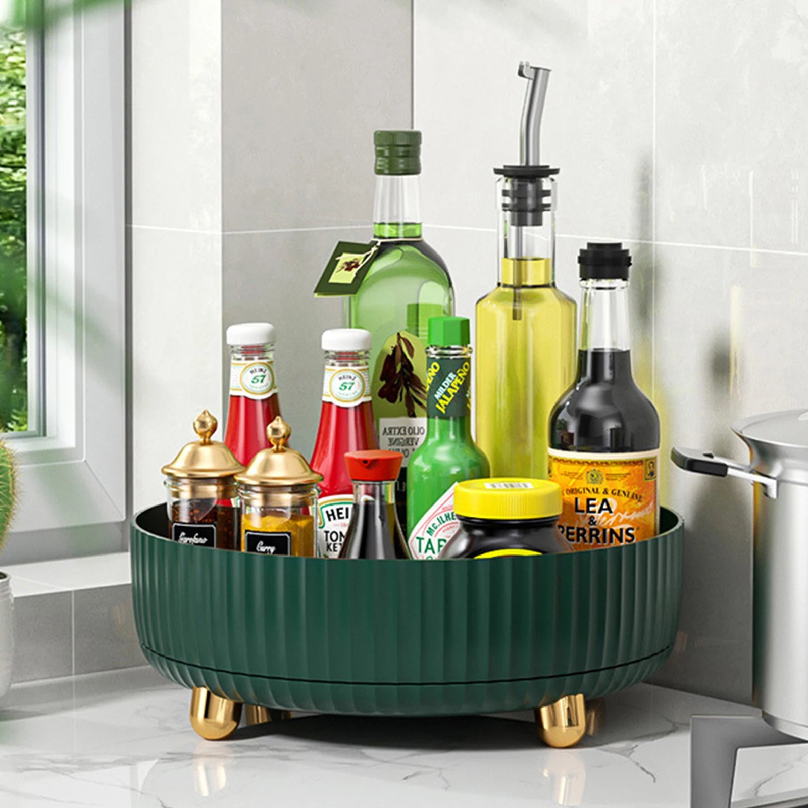 360° Rotating Non-Skid Spice Rack Turntable with Wide Base Storage Bin - Rotating Organizer for Kitchen and Bathroom