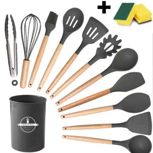 "12-Piece Silicone Kitchen Cooking Utensil Set with Cookware and 2 Double Sided Cleaning Sponges"