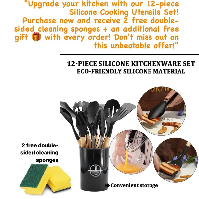 "12-Piece Silicone Kitchen Cooking Utensil Set with Cookware and 2 Double Sided Cleaning Sponges"