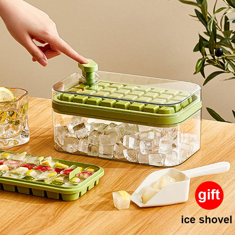 Ice Cube Tray with Storage Box - 64 Grids, 2 Layers, One-Button Press, Kitchen Ice Maker