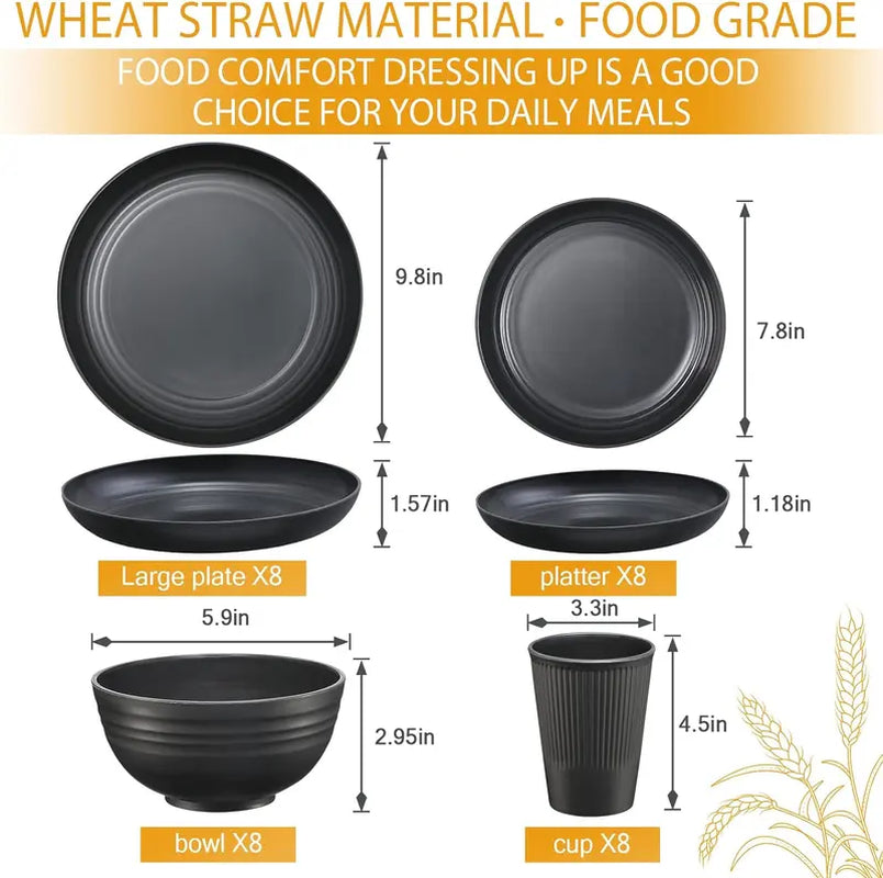 Teivio 32-Piece Kitchen Plastic Wheat Straw Dinnerware Set, Service for 8, Dinner Plates, Dessert Plate, Cereal Bowls, Cups, Unbreakable Plastic Outdoor Camping Dishes, Black