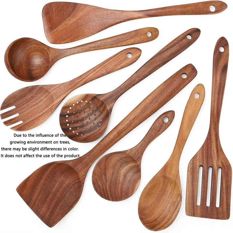 Natural Wood Kitchen Utensils Set - 8 Piece Nonstick Spatula and Spoon Set