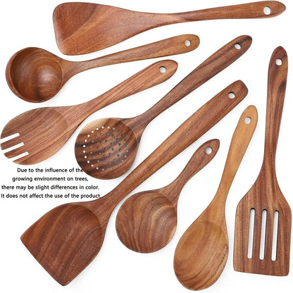 Natural Wood Kitchen Utensils Set - 8 Piece Nonstick Spatula and Spoon Set