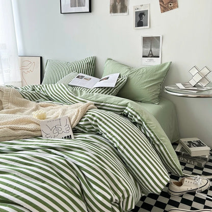 "Striped Grid Minimalist Washed Cotton Bedding Set - Queen Size"