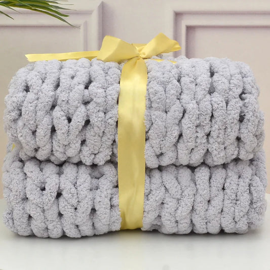 Chunky Hand-Knitted Wool Blanket - Handmade Coarse Chenille Thick Blanket for Sofa, Photography Prop