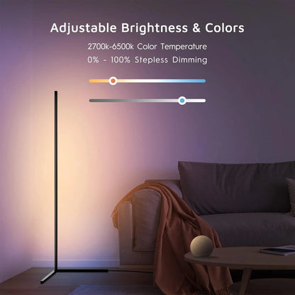 "Smart Corner Floor Lamp with RGB Color Changing and Dimmable Warm/Cool White Light"