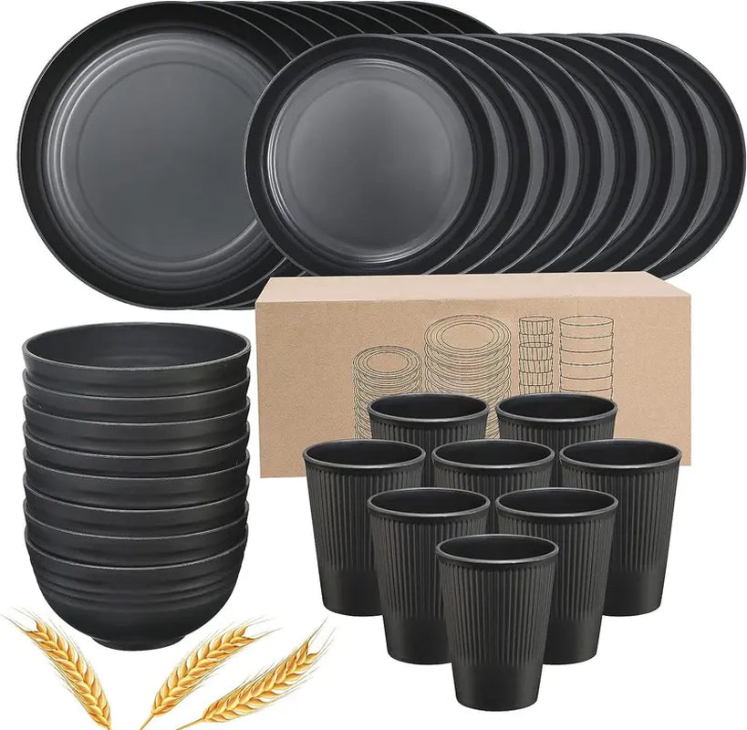 Teivio 32-Piece Kitchen Plastic Wheat Straw Dinnerware Set, Service for 8, Dinner Plates, Dessert Plate, Cereal Bowls, Cups, Unbreakable Plastic Outdoor Camping Dishes, Black