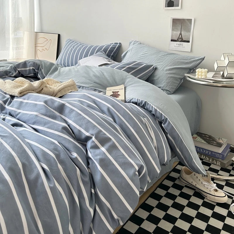 "Striped Grid Minimalist Washed Cotton Bedding Set - Queen Size"