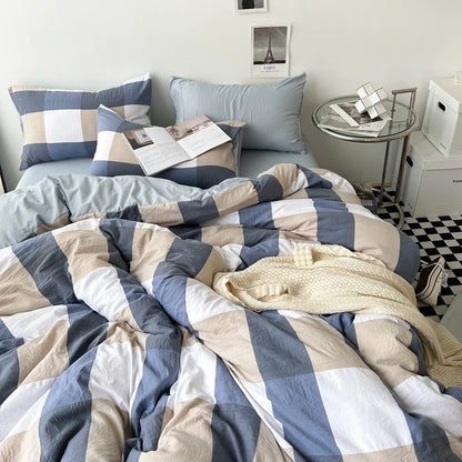 "Striped Grid Minimalist Washed Cotton Bedding Set - Queen Size"