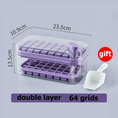 Ice Cube Tray with Storage Box - 64 Grids, 2 Layers, One-Button Press, Kitchen Ice Maker