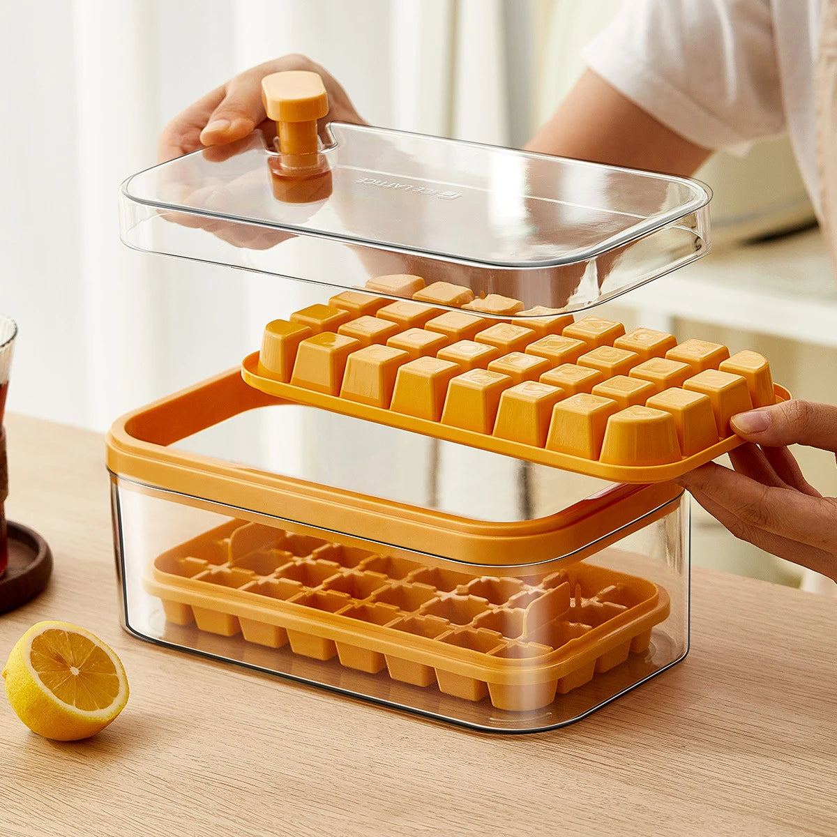 Ice Cube Tray with Storage Box - 64 Grids, 2 Layers, One-Button Press, Kitchen Ice Maker