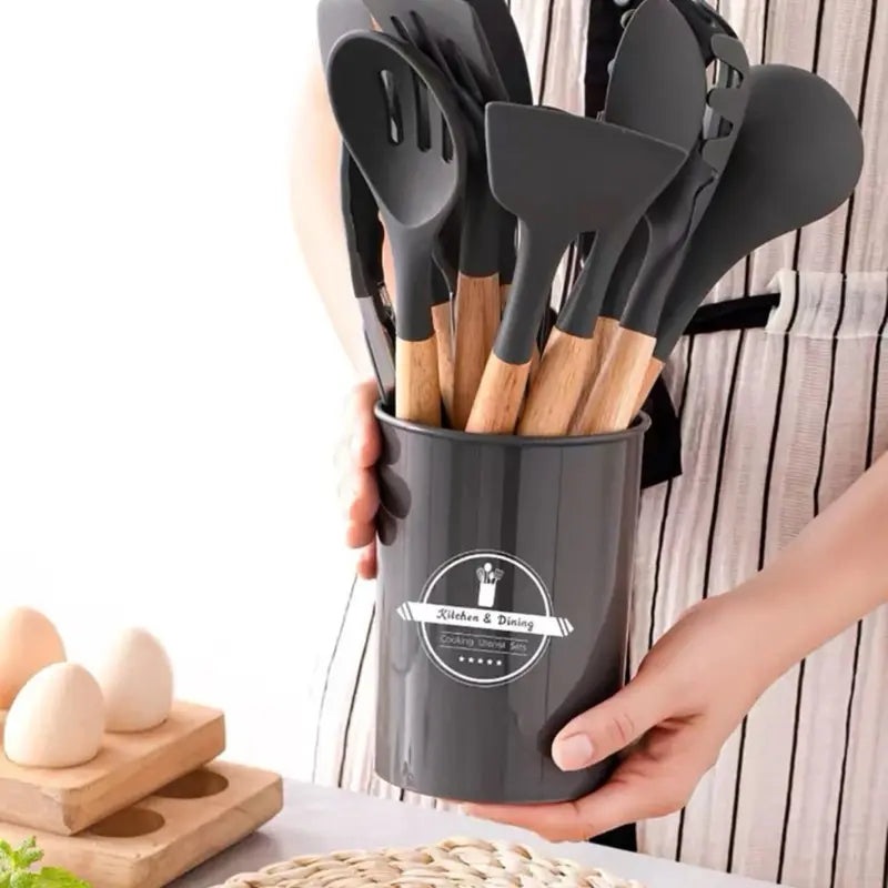 "12-Piece Silicone Kitchen Cooking Utensil Set with Cookware and 2 Double Sided Cleaning Sponges"