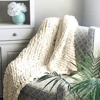 Chunky Hand-Knitted Wool Blanket - Handmade Coarse Chenille Thick Blanket for Sofa, Photography Prop