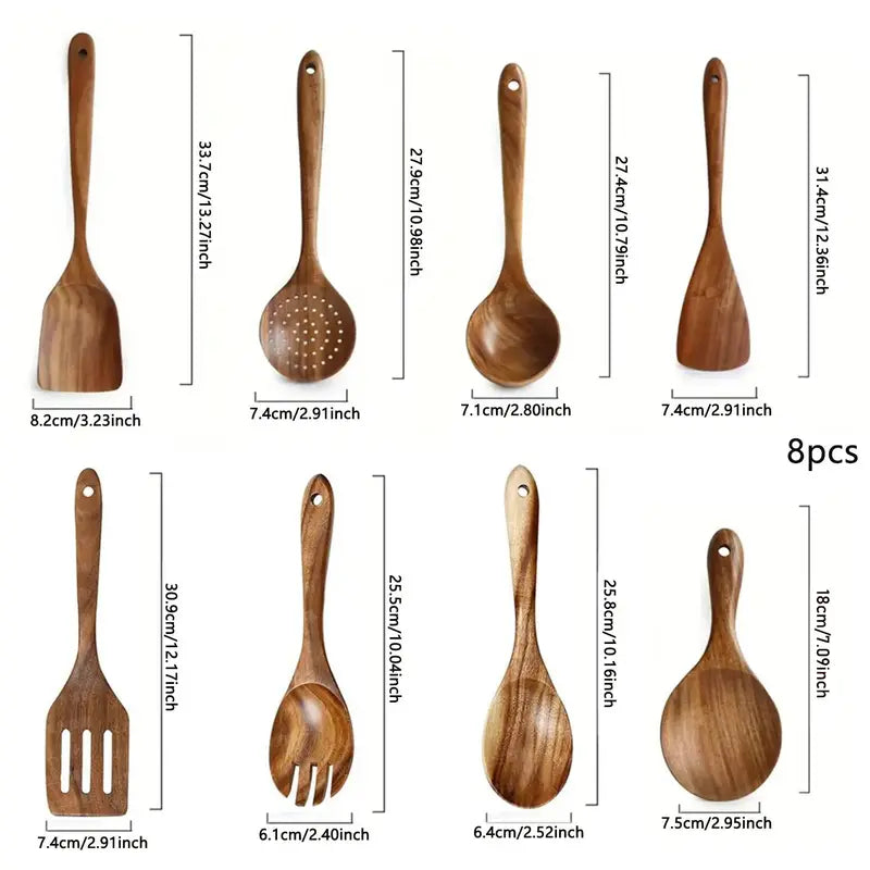 Natural Wood Kitchen Utensils Set - 8 Piece Nonstick Spatula and Spoon Set