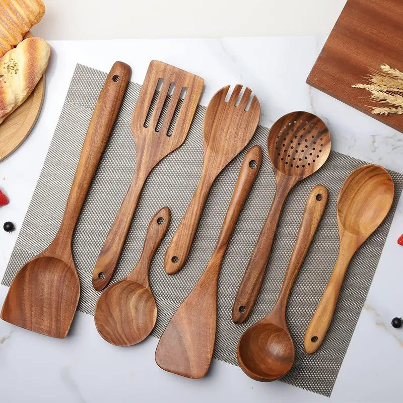 Natural Wood Kitchen Utensils Set - 8 Piece Nonstick Spatula and Spoon Set