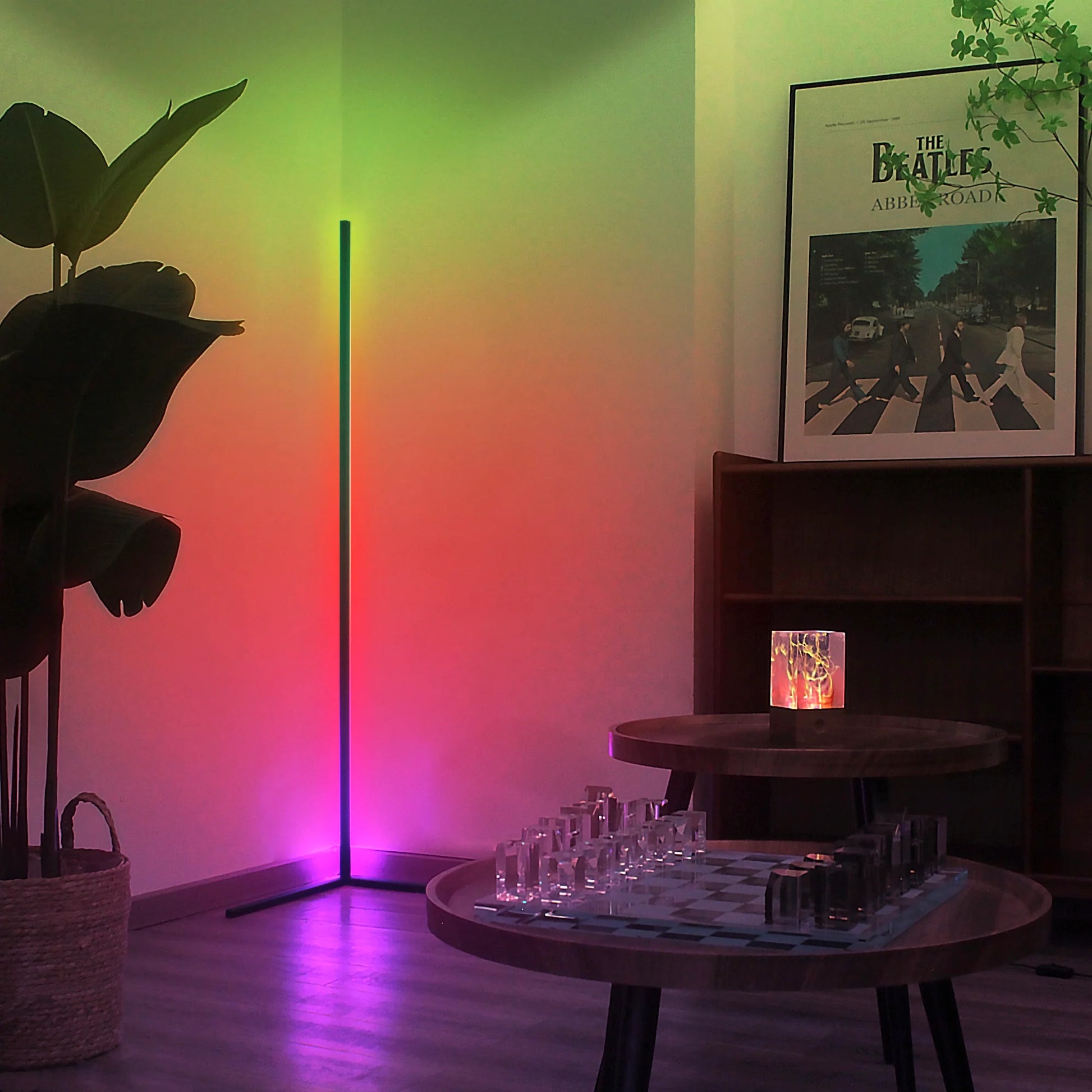 "Smart Corner Floor Lamp with RGB Color Changing and Dimmable Warm/Cool White Light"