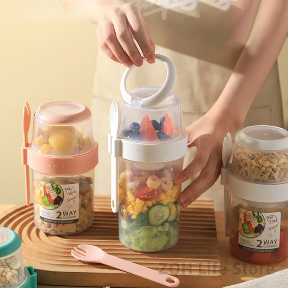 1L Portable Breakfast Cups Oatmeal Cereal Nut Yogurt Salad Cup Container Set with Fork School Lunch Box Food Storage Bento Box