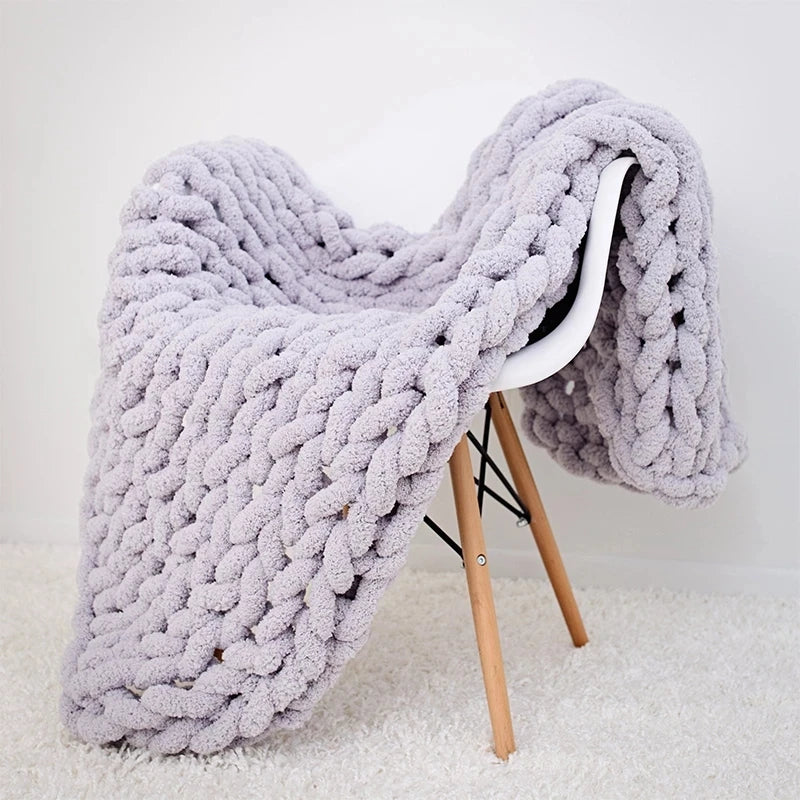 Chunky Hand-Knitted Wool Blanket - Handmade Coarse Chenille Thick Blanket for Sofa, Photography Prop