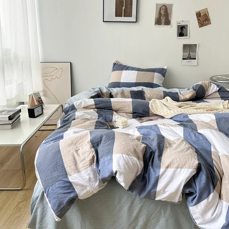 "Striped Grid Minimalist Washed Cotton Bedding Set - Queen Size"