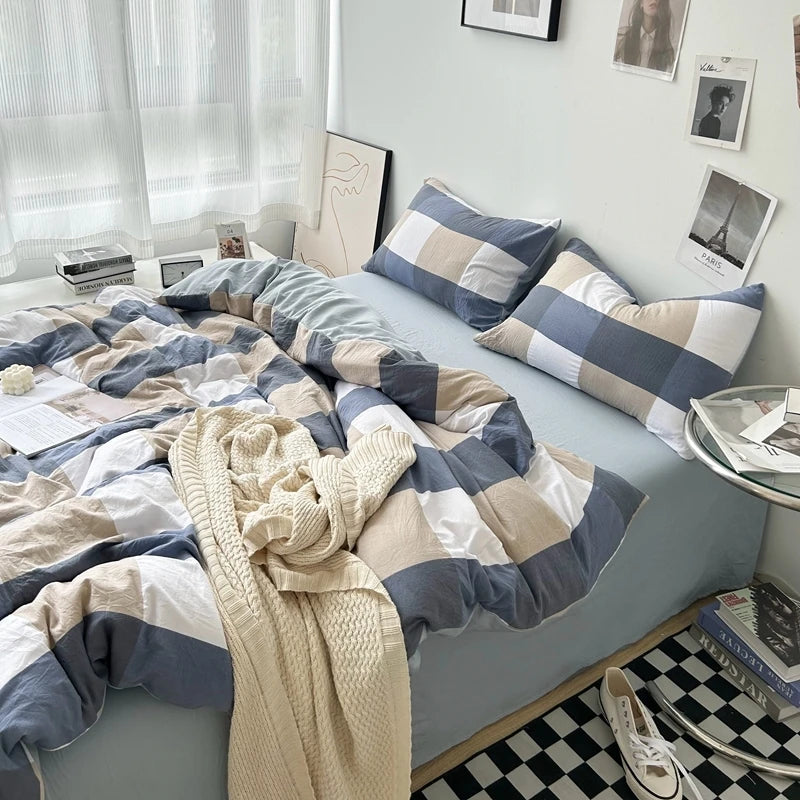 "Striped Grid Minimalist Washed Cotton Bedding Set - Queen Size"