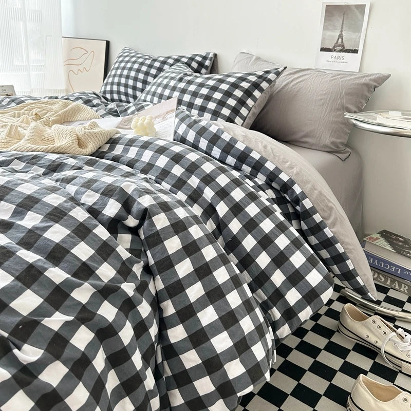 "Striped Grid Minimalist Washed Cotton Bedding Set - Queen Size"