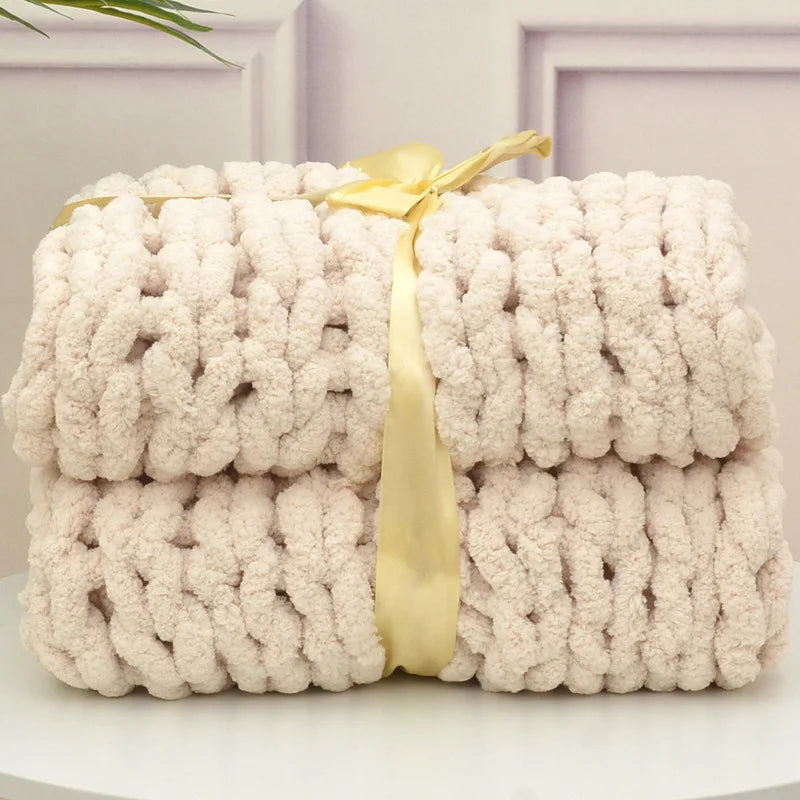 Chunky Hand-Knitted Wool Blanket - Handmade Coarse Chenille Thick Blanket for Sofa, Photography Prop