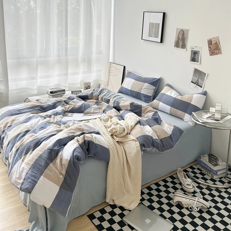 "Striped Grid Minimalist Washed Cotton Bedding Set - Queen Size"