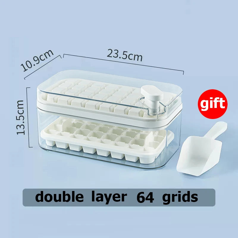 Ice Cube Tray with Storage Box - 64 Grids, 2 Layers, One-Button Press, Kitchen Ice Maker