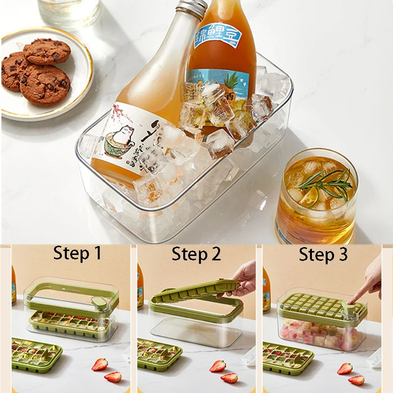 Ice Cube Tray with Storage Box - 64 Grids, 2 Layers, One-Button Press, Kitchen Ice Maker