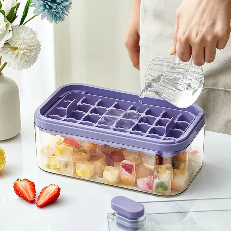 Ice Cube Tray with Storage Box - 64 Grids, 2 Layers, One-Button Press, Kitchen Ice Maker