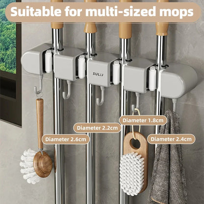 Wall-Mounted Broom Mop Holder with Strong Snap Fastener Clamp for Kitchen and Bathroom Organization