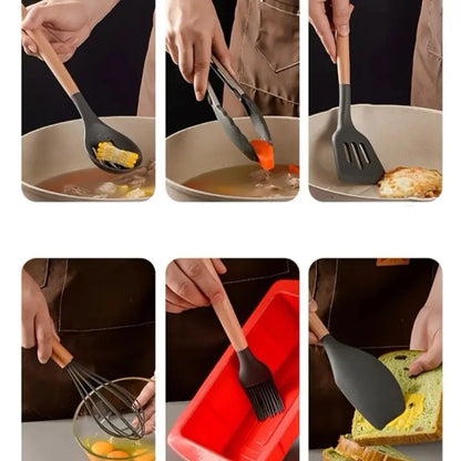 "12-Piece Silicone Kitchen Cooking Utensil Set with Cookware and 2 Double Sided Cleaning Sponges"