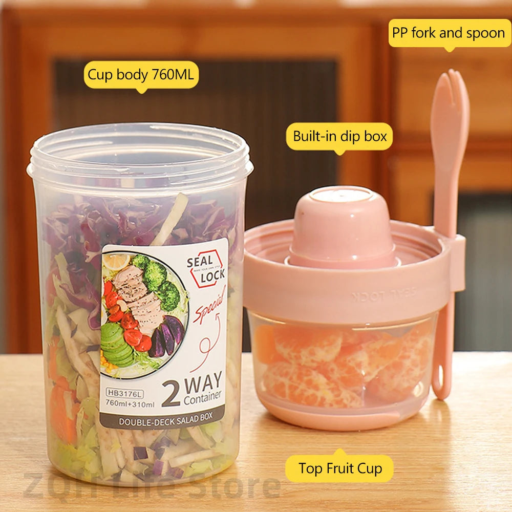 1L Portable Breakfast Cups Oatmeal Cereal Nut Yogurt Salad Cup Container Set with Fork School Lunch Box Food Storage Bento Box