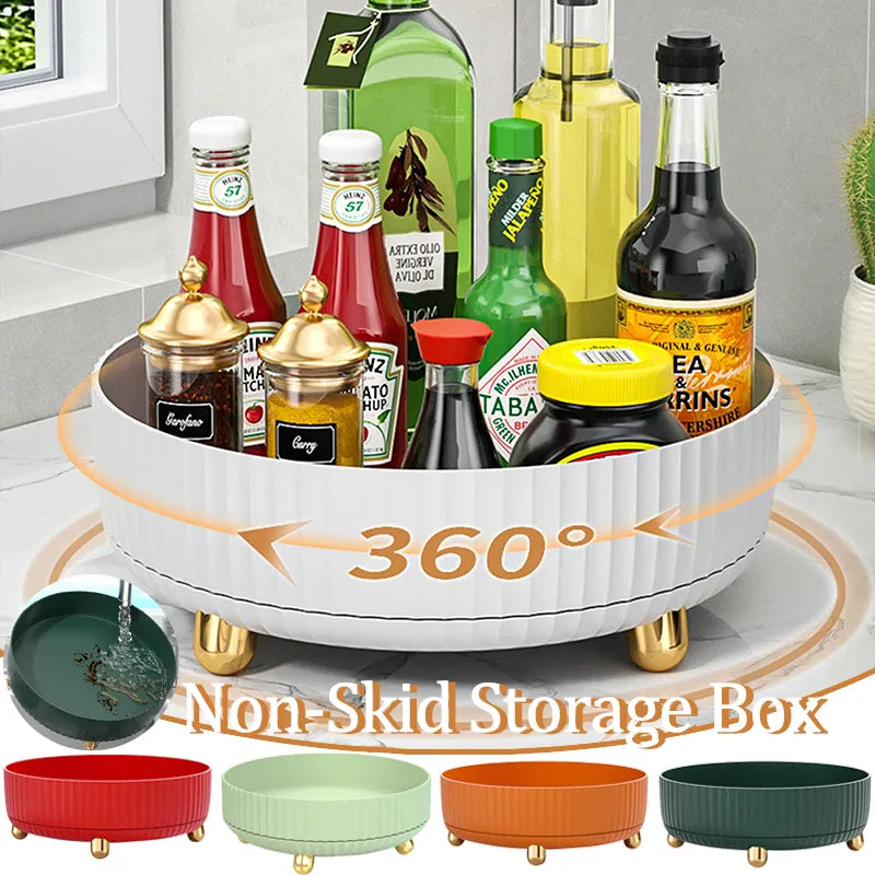 360° Rotating Non-Skid Spice Rack Turntable with Wide Base Storage Bin - Rotating Organizer for Kitchen and Bathroom