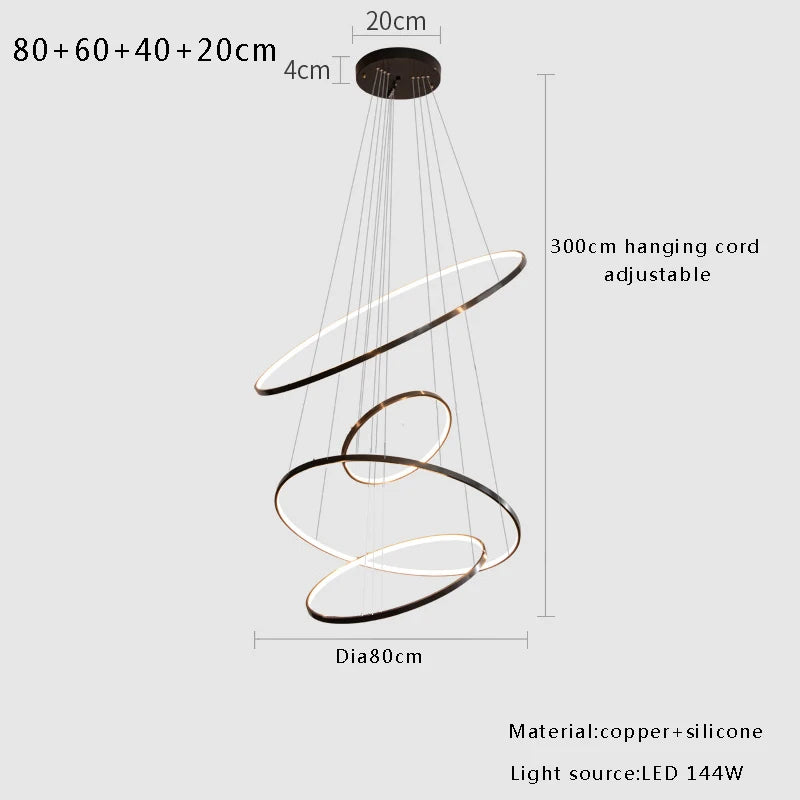 Large Modern Light Luxury Ring Hanging Lamps for Ceiling 2024 Home Decoration LED Simple All Copper Silicone Chandelier Villa