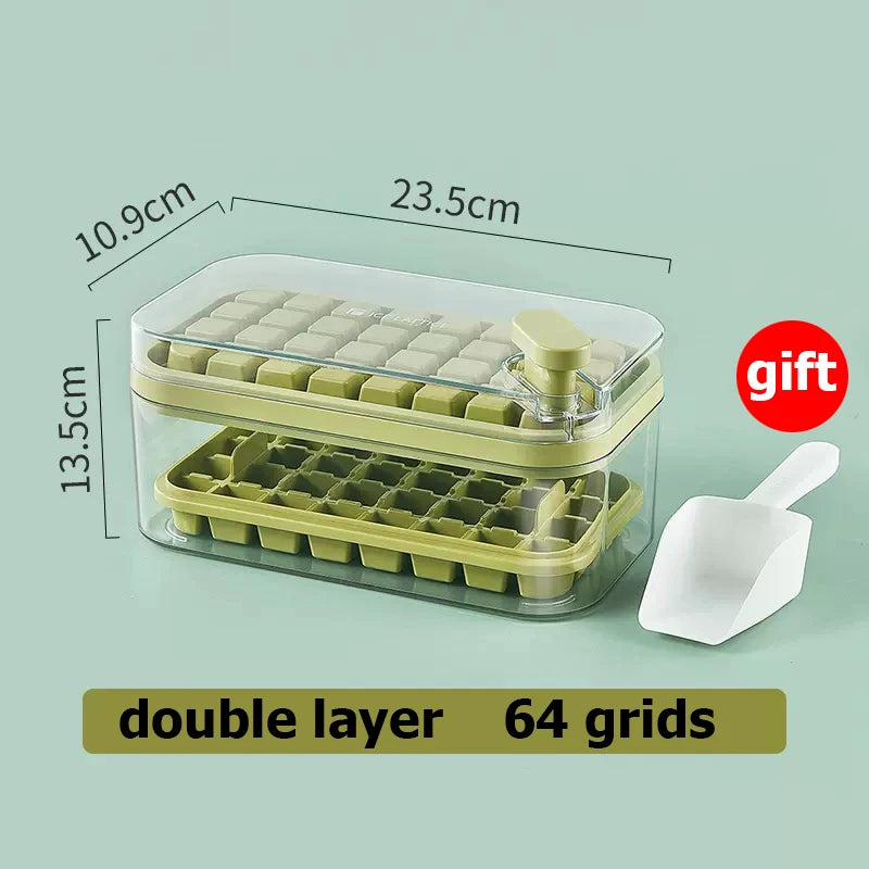 Ice Cube Tray with Storage Box - 64 Grids, 2 Layers, One-Button Press, Kitchen Ice Maker