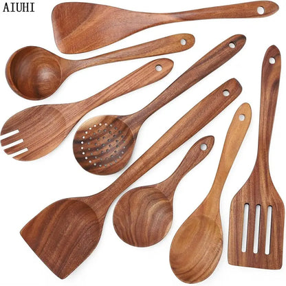 Natural Wood Kitchen Utensils Set - 8 Piece Nonstick Spatula and Spoon Set