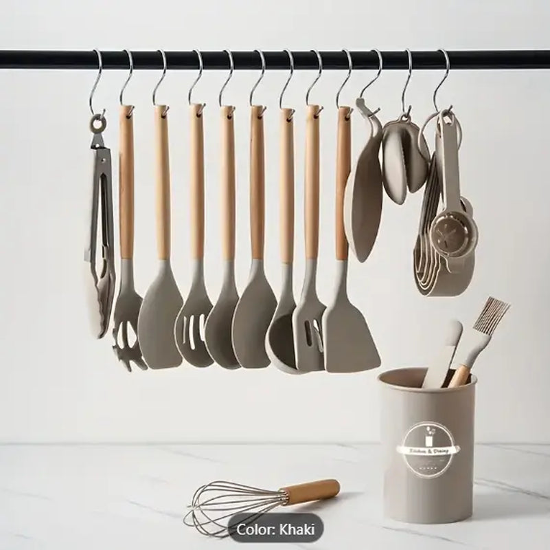 Professional title: 
"28-Piece Silicone Kitchen Utensils Set in Khakki - Essential Tools for Baking and Cooking, Durable, Non-Stick"