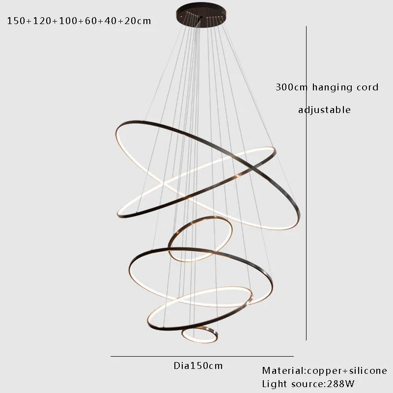 Large Modern Light Luxury Ring Hanging Lamps for Ceiling 2024 Home Decoration LED Simple All Copper Silicone Chandelier Villa