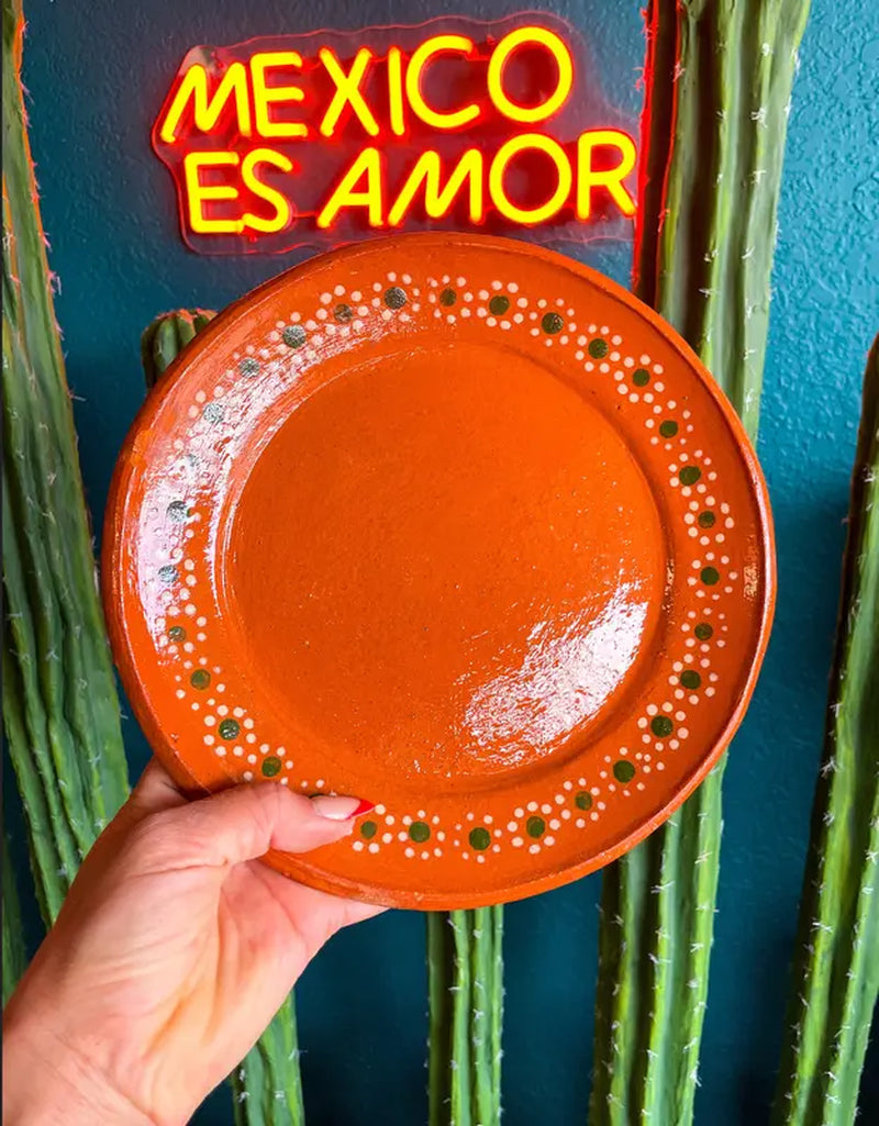 Mexican Clay Plates Set of 4 round Mexican Clay Dinner Plates Mexican Plates Plato Redondo Trinche Lead Free Traditional Mexican Plates