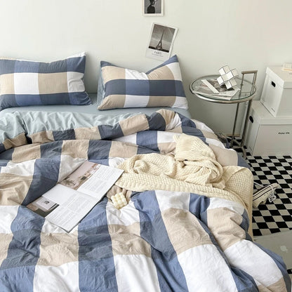 "Striped Grid Minimalist Washed Cotton Bedding Set - Queen Size"