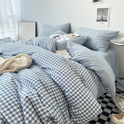 "Striped Grid Minimalist Washed Cotton Bedding Set - Queen Size"