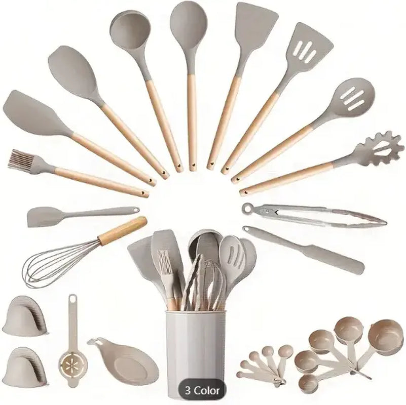 Professional title: 
"28-Piece Silicone Kitchen Utensils Set in Khakki - Essential Tools for Baking and Cooking, Durable, Non-Stick"