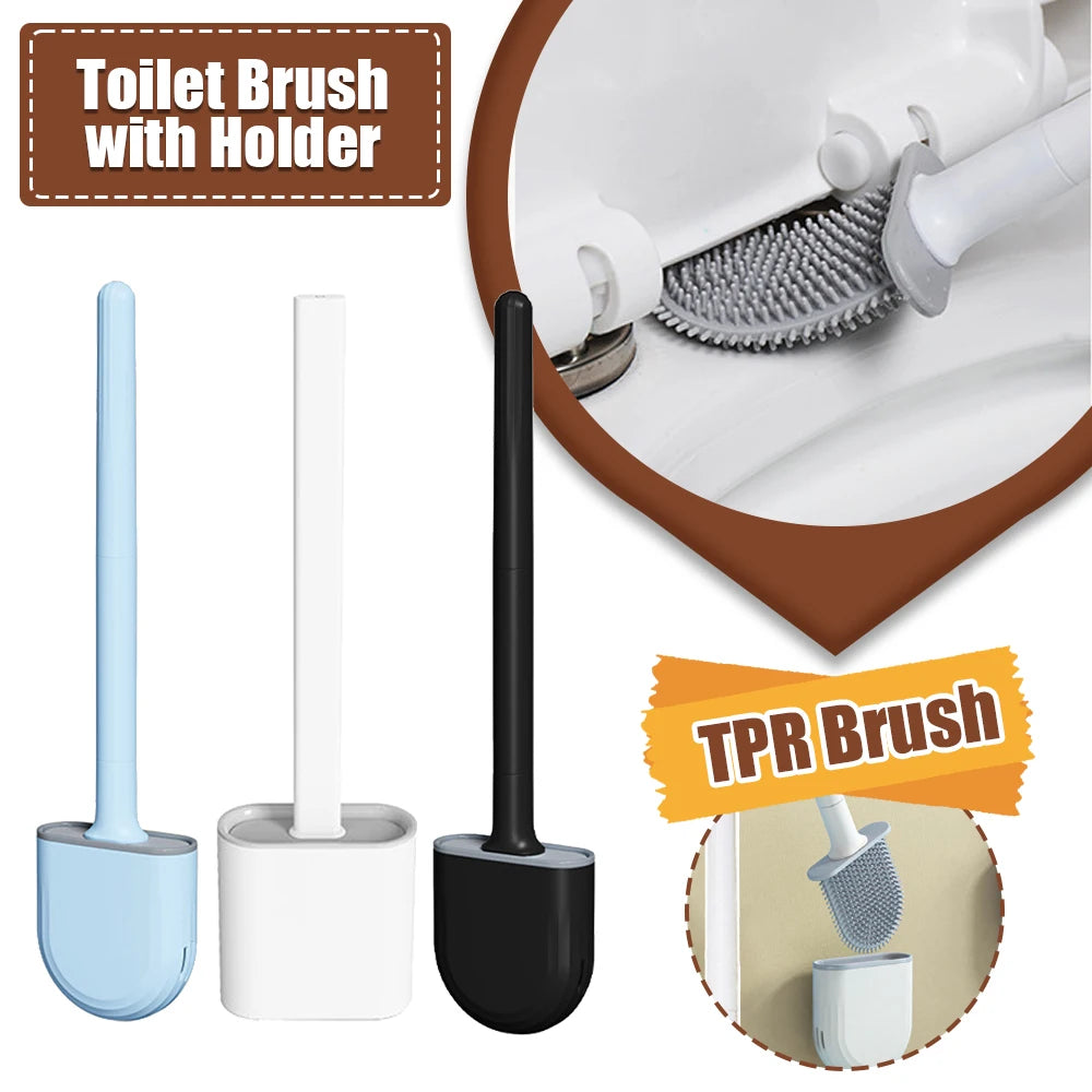 Wall-Mounted Silicone TPR Toilet Brush Set with Holder and Flexible Cleaning Bristles