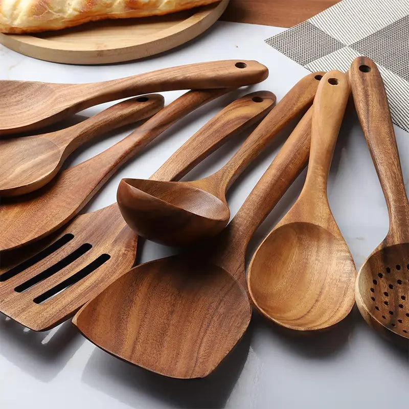 Natural Wood Kitchen Utensils Set - 8 Piece Nonstick Spatula and Spoon Set