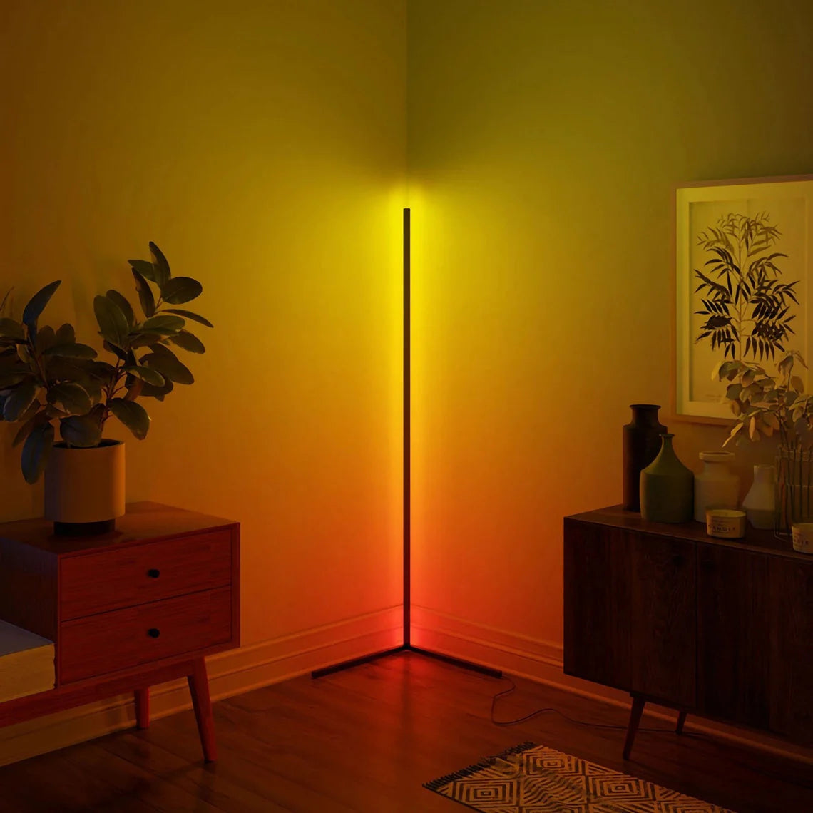 "Smart Corner Floor Lamp with RGB Color Changing and Dimmable Warm/Cool White Light"