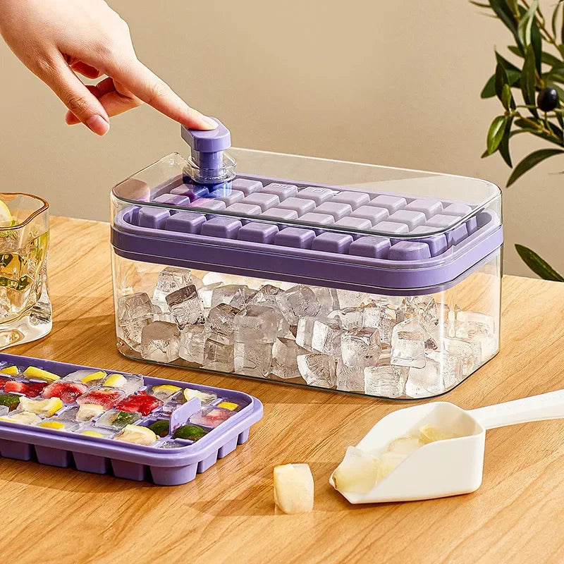 Ice Cube Tray with Storage Box - 64 Grids, 2 Layers, One-Button Press, Kitchen Ice Maker