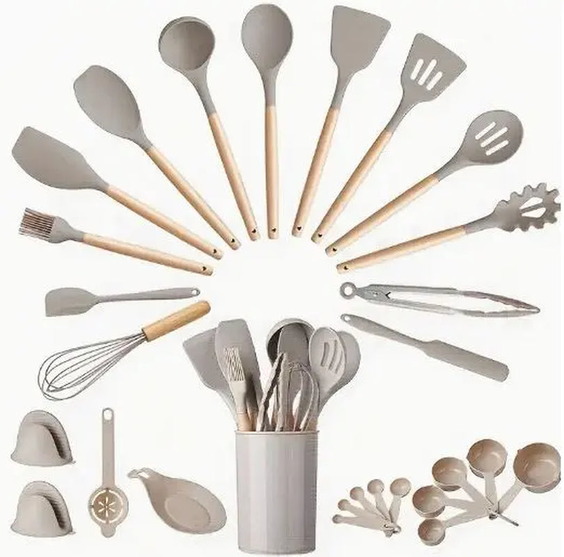 Professional title: 
"28-Piece Silicone Kitchen Utensils Set in Khakki - Essential Tools for Baking and Cooking, Durable, Non-Stick"