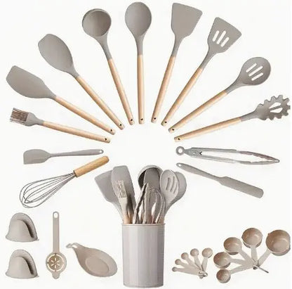 Professional title: 
"28-Piece Silicone Kitchen Utensils Set in Khakki - Essential Tools for Baking and Cooking, Durable, Non-Stick"